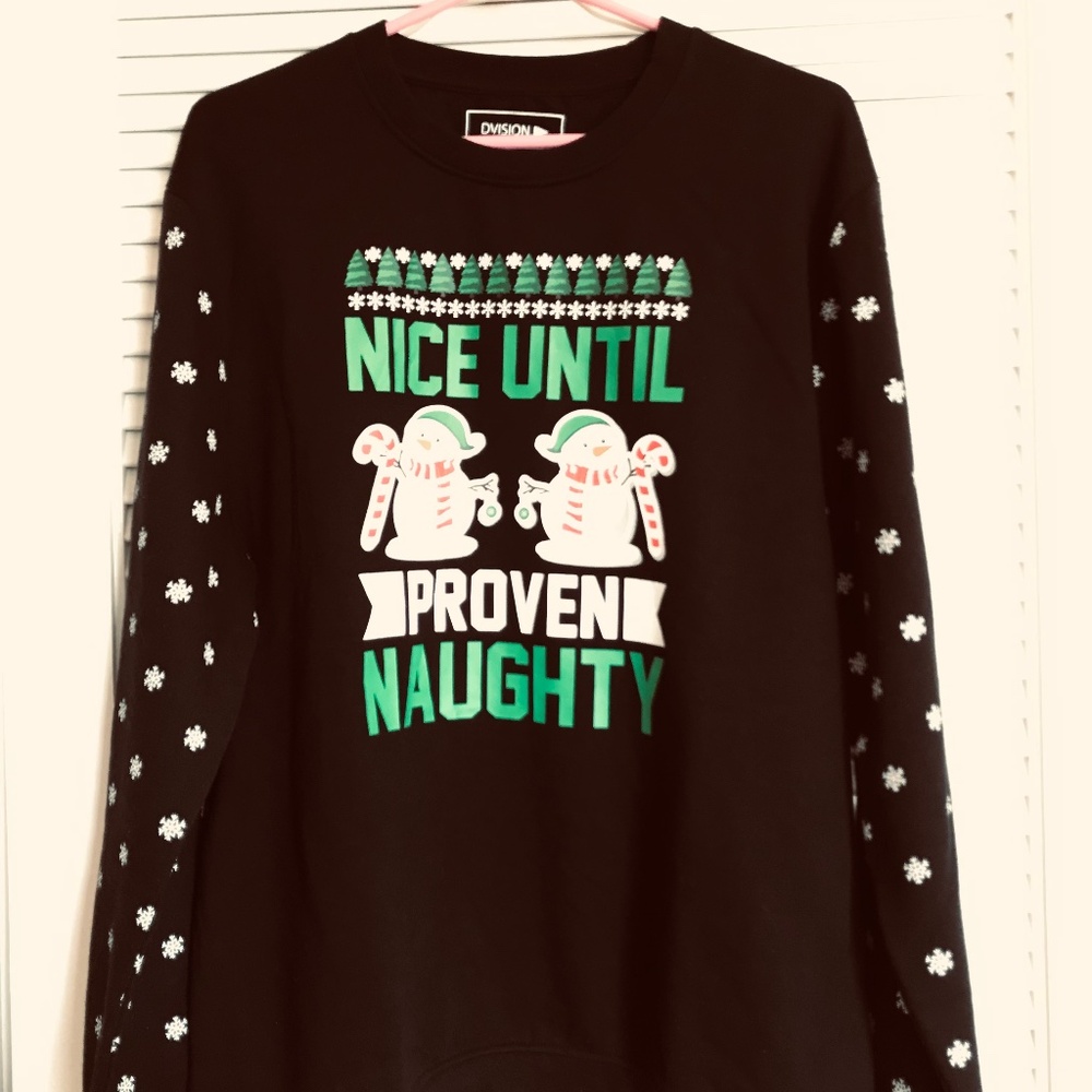 Large Unisex Nice Until Proven Naughty NEW black screenprint snowman sweatshirt